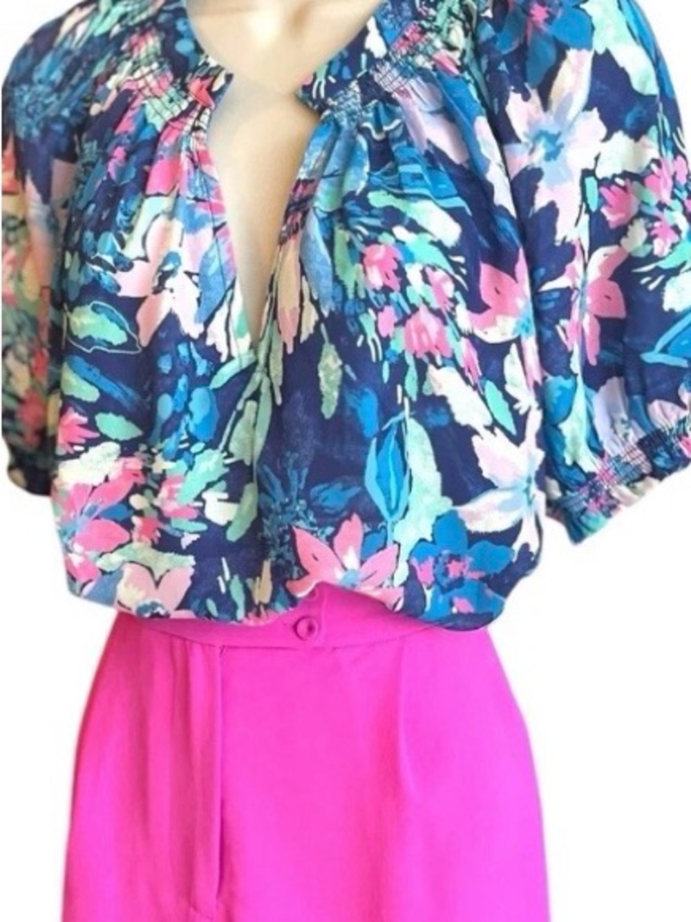 Current Air Navy Floral Puff-Sleeve Blouse with Pink & Blue Accents